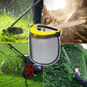 SPARES2GO Full Face Protective Shield Strimming Trimming Chainsaw Garden Metal Mesh Visor (One Size, Adjustable Headband)