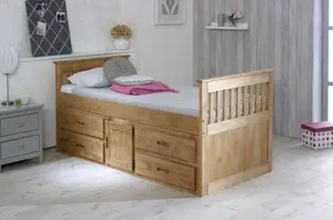 Captains 3ft Single Wooden Bed Frame with 4 Drawers Storage - Waxed