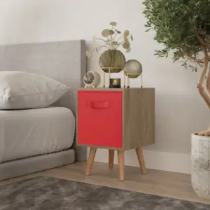 URBNLIVING 50cm Height Antique Oak Cube 1 Red Drawer Shelving Unit with Beech Scandinavian Legs