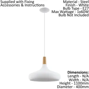 Pendant Ceiling Light Colour White Wide Shade Brown Wood Bulb E27 1x60W