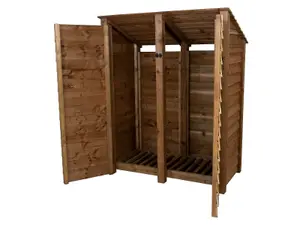 Wooden log store (roof sloping back) with door W-146cm, H-180cm, D-88cm - brown finish