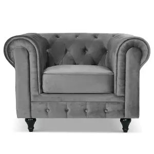 Velvet Chesterfield Sofa Suite Arm Chair, 2 Seater & 3 Seater - Grey