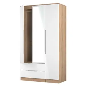 Milan Ready assembled Modern White & oak effect 2 Drawer Tall Triple Wardrobe With 1 mirror door (H)1970mm (W)1110mm (D)530mm