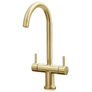 Liquida W03BG Monobloc Swan Neck Twin Lever Brushed Gold Kitchen Mixer Tap