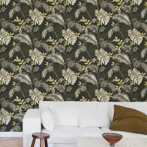 Grandeco Allison Palm Leaf Foliage Blown Vinyl Wallpaper, Black