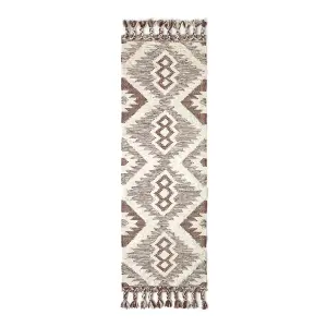 Homescapes Lhasa Handwoven Brown and Cream Textured Diamond Pattern Kilim Wool Rug, 66 x 200 cm