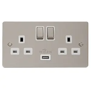 Flat Plate Pearl Nickel 2 Gang 13A DP Ingot 1 USB Twin Double Switched Plug Socket - White Trim - SE Home