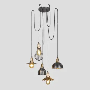 Industville Brooklyn 5 Wire Pendant, Brass, Incl Shades