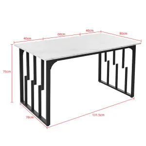 Unique Metal Frame Rectangular Dining Table in Modern Marble Pattern, With Adjustable Feet, White/Black, 140 x 80cm