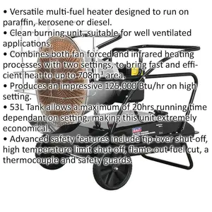 Infrared Multi-Fuel Heater for Efficient Heating - 28/37 kW, Wheeled, Ideal for Paraffin, Kerosene, Diesel