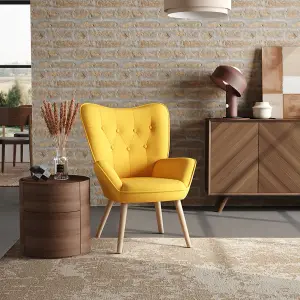 Yellow Linen Tufted Back Armchair with Plush Cushioning and Natural Rubberwood Legs