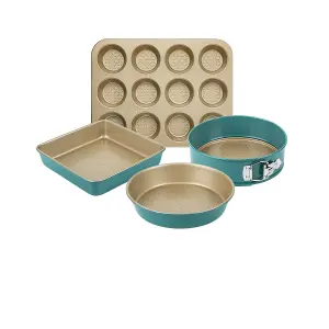 Prestige Nadiya Teal and Gold Round Carbon Steel Dishwasher Safe Bakeware Set 0.8mm Pack of 4