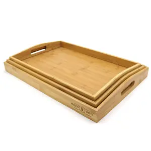 Set Of 3 Bamboo Trays Wooden Serving Platters Raised Edges & Handles