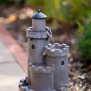 Primrose Solar Powered Grey Castle Cascading Water Feature With Battery Backup and Lights H49cm