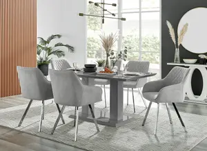 Imperia Grey High Gloss 6 Seater Dining Table with Structural 2 Plinth Column Legs Light Grey Fabric Silver Leg Falun Chairs