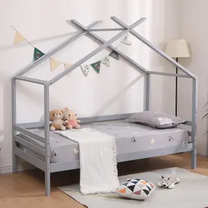 Teddy Kids Childrens Wooden House Treehouse Single Bed Frame (Grey)