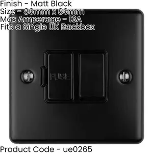 2 PACK 1 Gang 13A Switched Fuse Spur MATT BLACK & BLACK Metal Mains Isolation