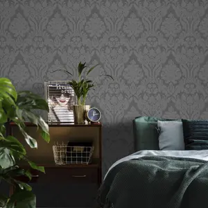 Colours Zara Charcoal Glitter effect Damask Embossed Wallpaper Sample