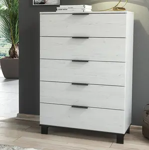 Furneo Modern White 5 Drawer Chest of Drawers Cabinet Storage Pine Effect Cozy 05