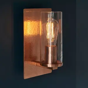 Luminosa Palermo Wall Lamp Hammered Copper Plate, Textured Clear Glass