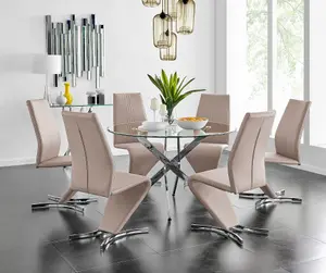 Furniturebox UK Novara Chrome Metal And Glass Large Round Dining Table And 6 Cappuccino Beige Willow Chairs Set