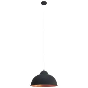 Hanging Ceiling Pendant Light Black & Copper Dome Bowl Shade 1 x 60W E27 Bulb