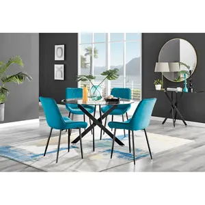 Tierra Modern Chrome Metal & Glass Round Dining Table Set with 4 Luxury Velvet Dining Chairs Black / Grey/Silver / 75 x 120 x 120cm