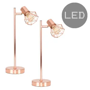 ValueLights Angus Pair of - Style Metal Basket Cage Desk Lamps In Copper Finish - Complete with 4w LED Filament Bulbs 2700K