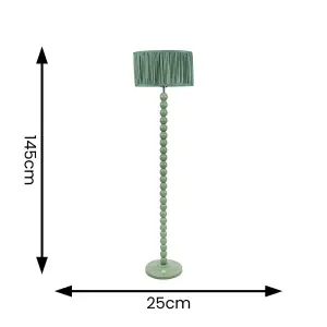 ValueLights Bobbins Sage Green Floor Lamp with Ruched Pleated Green Drum Shade and LED Bulb