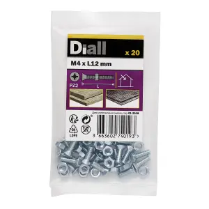 Diall M4 Pozidriv Countersunk Zinc-plated Carbon steel Machine screw & nut (Dia)4mm (L)12mm, Pack of 20