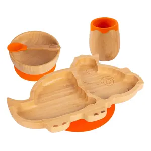 Tiny Dining - Dinosaur Bamboo Suction Baby Feeding Set - Orange - 4pc