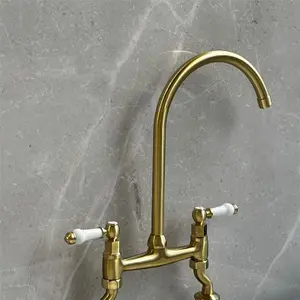 Liquida W23BR Traditional Two Hole Bridge Lever Brushed Brass Kitchen Mixer Tap