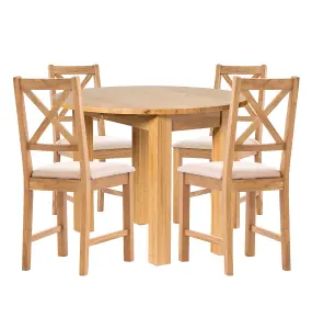 Hallowood Furniture Waverly Drop Leaf Round Table with 4 Cross Back Oak Chairs with Beige Fabric Seats