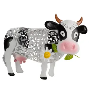 Solar Powered Silhouette Daisy Cow - Outdoor Garden Handmade Ornament with Scroll Effect Cut Out & LED Light - H26 x W38 x D24cm