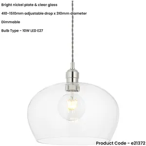 Hanging Ceiling Pendant Light - Medium Bright Nickel Plate & Clear Glass - 10W LED E27