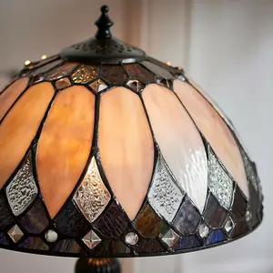 Tiffany Glass Table Lamp Light Dark Bronze & Rich Cream Art Deco Shade i00179