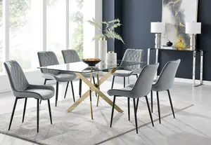 Furniturebox UK Leonardo 6 Gold Dining Table and 6 Grey Pesaro Black Leg Chairs