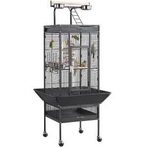 Yaheetech Black Metal Bird Cage with Playtop and Casters