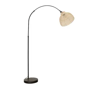 ValueLights Louis Black Arched Curved Floor Lamp with Cream Woven Basket Lamp Shade and LED Bulb