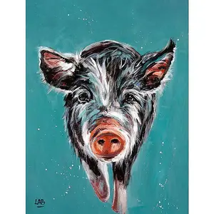 Louise Brown Piggy On The Run Framed Canvas Print Blue/Black/White (50cm x 40cm)