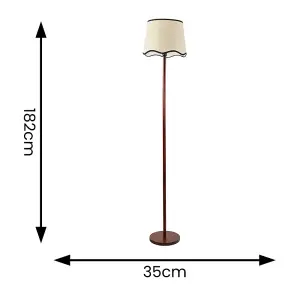 ValueLights Heather Dark Wood Stem Floor Lamp with Scallop Black Trim Tapered Shade and LED Bulb