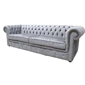 Chesterfield 4 Seater Sofa Shimmer Silver Velvet Fabric In Classic Style