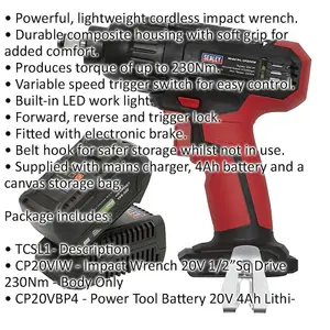 20V Cordless Impact Wrench Kit - 1/2" Sq Drive - With Battery & Charger - Bag