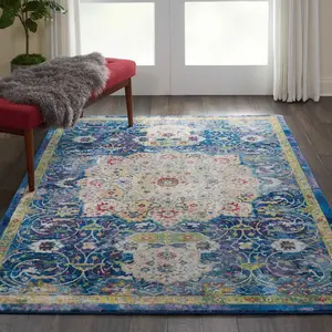 Blue Floral Traditional Easy to Clean Rug for Living Room Bedroom and Dining Room-122cm (Circle)