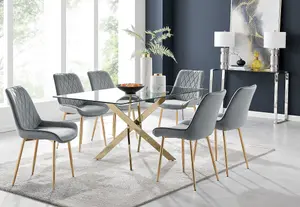 Furniturebox UK Leonardo 6 Gold Dining Table and 6 Grey Pesaro Gold Leg Chairs