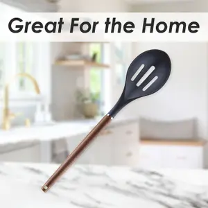 Slotted Spoon Wood Handle Acacia Wooden Heat Resistant Slotted Spoon Black