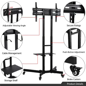 Yaheetech Black Adjustable Mobile TV Stand with Castors and Storage Shelf