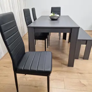 Dining Table and 4 Chairs With a Bench  Black Dark Grey 4 Black Leather Chairs 1 Grey Bench Wood Dining Set Furniture