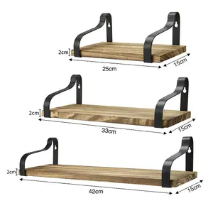 3Pcs Rustic Floating Storage Shelves Metal Wood Wall Shelf Set Display Rack Brackets