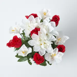 Homescapes Set of 2 Red & White Roses & Lilies Artificial Flowers in Grave Vases